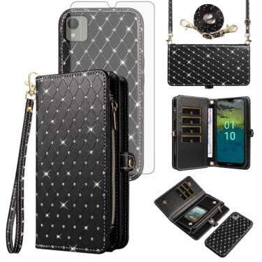Imagem de Asuwish Capa de celular para Nokia C110 carteira com zíper destacável com protetor de tela de vidro temperado alça transversal alça com glitter flip porta-cartão slot C 110 4G N156DL mulheres meninas