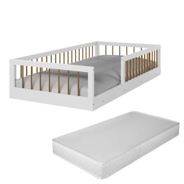 Imagem de Cama Montessoriana Infantil Berço Grade De Proteção Quarto Da Criança Com Colchão Cor Branco/Nature