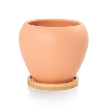 Imagem de Vaso Cachepot com Prato de Bambu Laranja Fosco Doha Pozzani