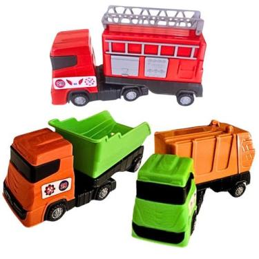 Imagem de Kit 3 Caminhão Infantil Articulado Bombeiro Caçamba E Coletor Super Fr