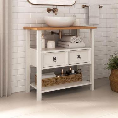 Imagem de Gabinete Banheiro Balcão Armário Tampo 2 Gav Madeira Tequila Branco Fr