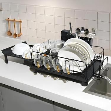 Imagem de ifory Escorredor de louça grande, extensível (43,9 cm - 68,8 cm) escorredor de cozinha com conjunto de drenagem, para balcão de cozinha, escorredor de pratos antiferrugem com suporte de copo, preto