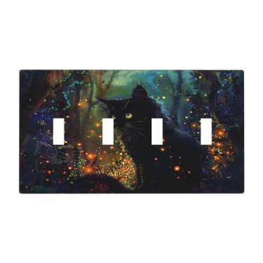 Imagem de Spshian Placa de cobertura para interruptor de luz, fantasia mágica, floresta misteriosa, gato preto, 4 gangs, quadriciclo, interruptor, placas de parede elétricas, placa frontal para quarto de