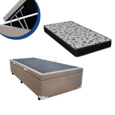 Imagem de Cama Box Baú Solteiro Colchão Espuma D33 Bordado + Box Suede Bege 56x8