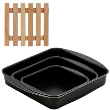 Imagem de Jogo de Assadeiras Forma Quadrada 03 Peças Antiaderentes + Descanso de Panela Quadrado Madeira