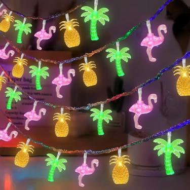 Imagem de Luzes de corda havaianas de praia tropical de verão - 30 luzes LED de 16 pés operadas por bateria flamingo tropical abacaxi palmeira para decoração de piscina Luau, tema Havaí, decorações de festa de