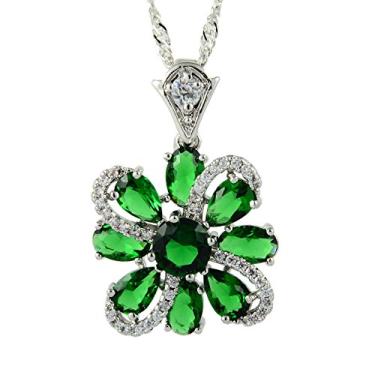 Imagem de RIZILIA Pingente Blooss com corrente de 45,72 cm e zircônia cúbica de corte redondo [4 cores disponíveis] banhado a ouro branco, simples moderno elegante, Esmeralda sintética