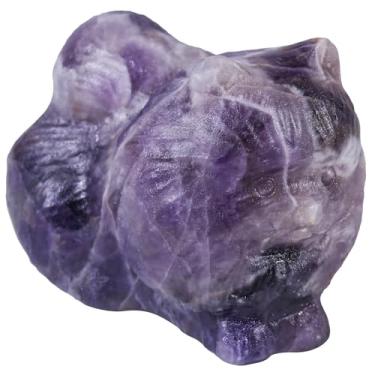 Imagem de Rockcloud Estatueta de gato de cristal de ametista natural esculpida à mão estátua de gato da sorte sentado mini animais pedra de bolso para decoração de mesa de escritório em casa