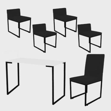 Imagem de Kit Mesa Escrivaninha com Cadeira Stan e 4 Poltronas Lee Tampo Branco Ferro Preto Corino Preto - Ahz Móveis