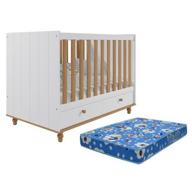 Imagem de Berço Americano Candy com 2 Gavetas e Colchão Physical - Permóbili Baby Branco/Nature