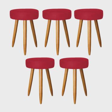 Imagem de Kit 05 Banqueta Alta Julia 50cm Bar Cozinha Balcão Bistrô Pé Palito Carvalho Suede Vermelho - Ahz Móveis