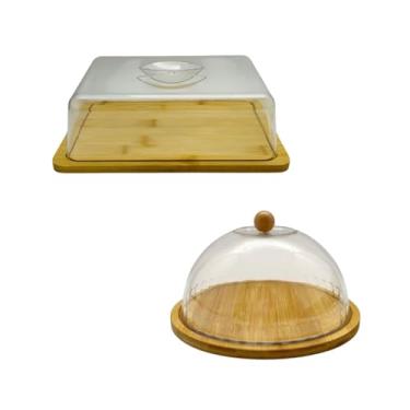 Imagem de Kit Queijeira e Boleira Retangular Porta Bolo Bambu com Tampa Torta Pão Pudim Queijo Frios