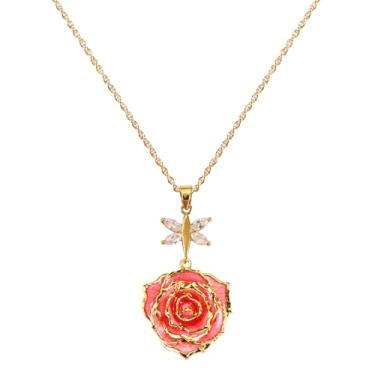 Imagem de AliveRose Colar mergulhado em ouro rosa real presentes para mulheres meninas, colar com pingente de rosa de ouro 24 quilates joias dia das mães aniversário Natal ocasiões especiais presentes para sua