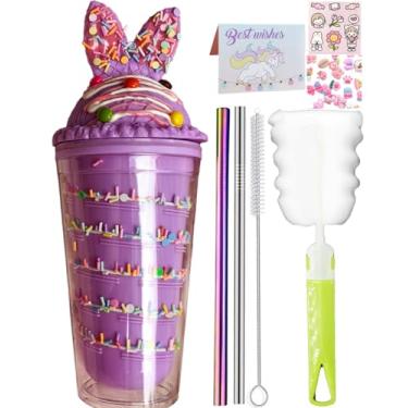Imagem de seelucky Copo de viagem de unicórnio com canudo e chocolate, copo para beber gelo, leite, café, caneca de plástico para piquenique, festa, presente de aniversário (coelho de sorvete roxo 8, 450 ml)