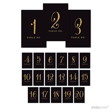 Imagem de Andaz Press Números de mesa 1-20, impressão dourada com glitter, placa de cartolina de um lado 10 x 15 cm, preto, 1 conjunto de números de cartolina com glitter preto e dourado números de mesa 1-20