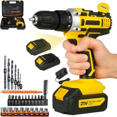 Imagem de Furadeira e Parafusadeira de Impacto Sem Fio 21V com LED, 2 Baterias Recarregáveis Bivolt e 32 Acessórios - Maleta Completa para Uso Doméstico e Profissional