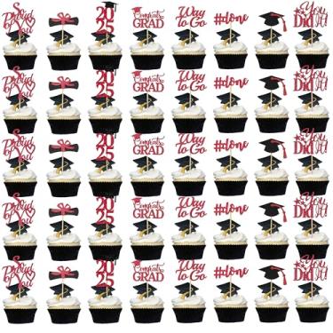 Imagem de Topos de cupcake de formatura 2022, vermelho, Glitter Class of 2022, suprimentos para cupcake Class of 2022, chapéu de grau, palitos de cupcake, palitos de diploma para decorações de festa de formatura 2022, vermelho e preto - 35 peças