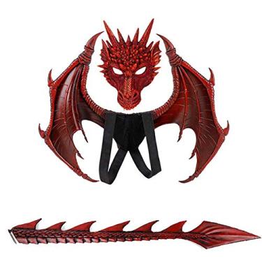 Imagem de Ho.Volta Children's Dragon Wing Costume Dinosaur Tail Mask Set Cosplay Kids Halloween Dragon Costume (Red Set)