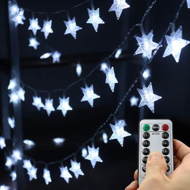 Imagem de Cordão de luzes LED de estrela Xingpold, luzes brancas de fadas operadas por bateria para uso externo, 4,5 m, 50 luzes de LED à prova d'água, árvore de Natal para uso interno, casamento, Halloween, acampamento, festa de aniversário