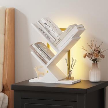 Imagem de Qupui Estante de árvore com luzes LED, estante de 3 andares, prateleira de canto clássica para crianças, armazenamento de livros de madeira alta para quarto, sala de estar, escritório em casa, branca