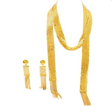 Imagem de GDJWRI Conjunto de colar e brincos de corrente de malha dourada de luxo, 62 cm de comprimento, design de borla, brincos de gota de 10,5 cm, 62.0 Inches, Metal Metal Banhado a ouro, Sem Pedra Preciosa