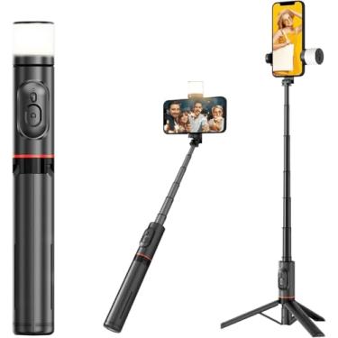 Imagem de H'MASTON Bastão Pau de Selfie Tripé para Celular com iluminação Bluetooth Controle Remoto Portátil Retrátil para iOS e Android