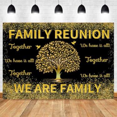 Imagem de CapiSco Pano de fundo de reunião de família dourado preto para decoração de festa de reunião de família, árvore genealógica com glitter dourado Somos bem-vindos à nossa família, fundo fotográfico 2,4