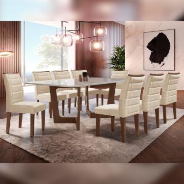 Imagem de Conjunto Sala De Jantar Nápoles Tampo Vidro/Mdf Com 8 Cadeiras Genova Smart Plus Cel Móveis Chocolate/Off White/Bege