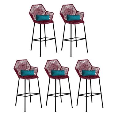 Imagem de Kit 05 Banqueta Alta Com Encosto Sttar Ferro Preto Fibra Marsala Almofada Suede Azul Turquesa