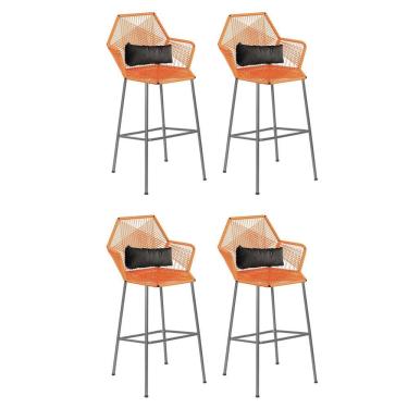 Imagem de Kit 04 Banqueta Alta Com Encosto Sttar Ferro Prata Fibra Laranja Almofada Suede Preto