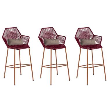 Imagem de Kit 03 Banqueta Alta Sttar Ferro Bronze Fibra Marsala Almofada Bege - Amey Decor