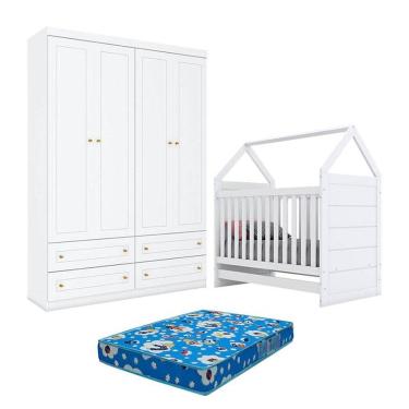 Imagem de Berço Montessoriano Americano E Guarda Roupa Infantil Mississipi 4 Portas Branco Com Colchão Ortobom