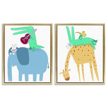 Imagem de Stupell Industries Elefante e jacaré com guitarra acústica 2 peças moldura dourada conjunto de tela flutuante design por Carla Daly, 25 x 31