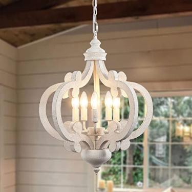 Imagem de ETONIMERR Lustre De Madeira Estilo Francês, Luminária Teto Com 5 Luzes, Antigo, Fazenda, Branco, Para Sala Jantar, Chalé, Iluminação Pendente Rústica, Cozinha, Ilha, Estar, Quarto