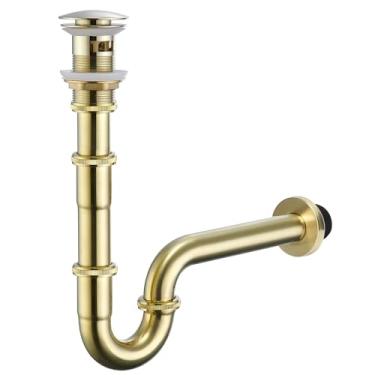 Imagem de OPERMAXER Sifão Para Rolha De Pia Banheiro, Formato Em U, 1-1/4", Entrada Deslizante, Conjunto P Com Altura Ajustável E Transbordamento, Padrão Geral Eua/Ca, Espessado (29,8 Oz), Dourado Escovado