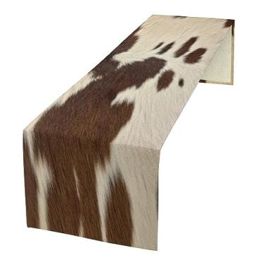 Imagem de SXXLDNG Caminho De Mesa Com Estampa Vaca, Corredor Couro Marrom Estilo Ocidental, Decoração Casa Fazenda, Padrão Chalé Para Cozinha E Sala Jantar, 13 X 60 Pol.