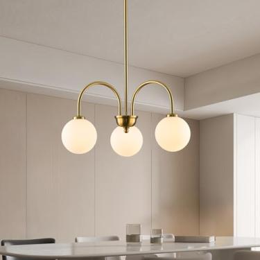 Imagem de PiWWPi Lustre Moderno De Meados Do Século, Luminária Pendente Grande Sputnik Glod Com 3 Lâmpadas E Vidro Branco Para Sala Jantar, Cozinha Ilha, Quarto, Estar, Gc-05
