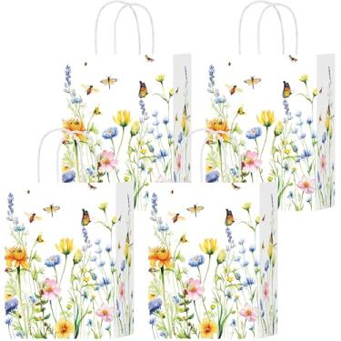 Imagem de W WINTMING 24 peças de sacos de presente de flores silvestres sacos de boas-vindas de flores de primavera saco de papel branco com alça floral lembrancinha de festa bolsa de doces para chá de bebê