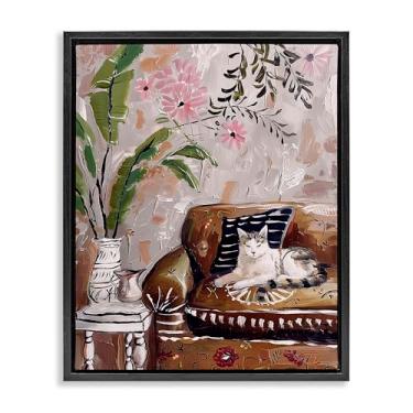 Imagem de Stupell Industries Desenho de arte de parede em tela flutuante com moldura preta Cat Nap on Couch por Annabelle Hall, 25 x 31