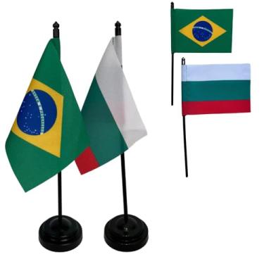 Imagem de Kit Bandeiras de Mesa Brasil e Bulgária, Base e Haste em Plástico Preto, Tecido Oxford, Uma Face