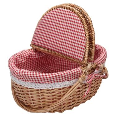 Imagem de Cesta de piquenique de vime natural para 4 adultos – Cesto de vime portátil com forro de guingão vermelho e branco removível, alças dobráveis e tampa travável, bolsa acolchoada removível (38 cm x 28