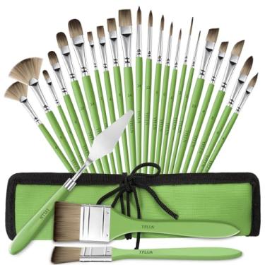 Imagem de Conjunto de 25 pincéis de madeira, série de artistas profissionais com filbert, leque, punhal, língua de gato, redondo, ângulo, bolsa de rolo de lona plana larga e canivete