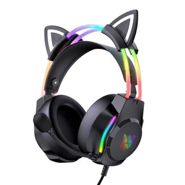 Imagem de ONITOON Fone de ouvido para jogos com microfone, orelhas de gato para PC/PS4/PS5/XBOX/Switch, luz de fundo RGB e som surround virtual, fones de ouvido acima da orelha leves com faixa de cabeça