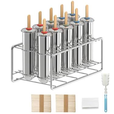 Imagem de TOCCOOL Pacote com 10 moldes de picolé de aço inoxidável, moldes de picolé redondos caseiros com suporte, máquina de gelo reutilizável de congelamento rápido com palitos e sacos de madeira