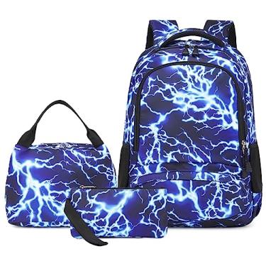 Imagem de Mochila para meninos do ensino fundamental para crianças, bolsa de livros Lightning, laptop, mochilas escolares à prova d'água com lancheira, 1 conjunto azul com 3 peças, Large, Relâmpago
