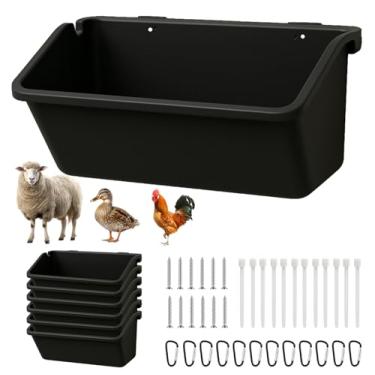 Imagem de Comedouros de galinha pendurados (pacote com 6, 5 Qt) – Baldes de água e ração de aves de plástico preto durável com clipes D de metal, cabra multianimal, ovelha, pato, porco, cavalo, alimentador de