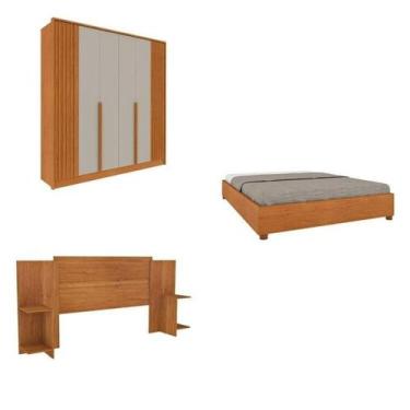 Imagem de Quarto Casal Guarda-roupa 6 Portas Ripado Nova York e Cama Box Casal M