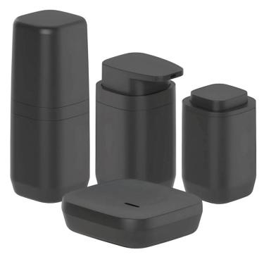 Imagem de Kit Banheiro 4pç Saboneteira + Porta Escova + Dispenser + Suporte Cotonete Algodão Preto - Aura Ou 