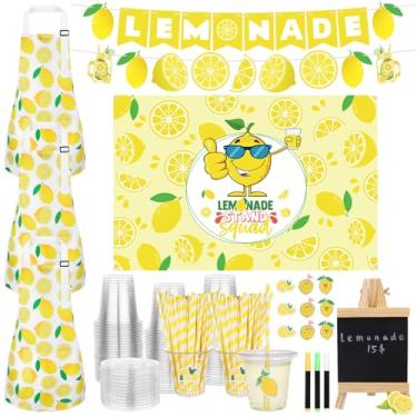 Imagem de HCEWSBFD Suprimentos de suporte de limonada, incluindo 50 peças de copos de limonada com tampas e canudos, 3 peças, avental de limão, quadro-negro de madeira com giz, adesivos de toalha de mesa para