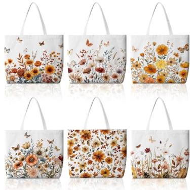 Imagem de Bencailor Bolsa feminina de lona de outono, 6 peças, de Ação de Graças, Abóbora, Folha, Bordo, Flores, Sacola de Mercearia Reutilizável, Estética (Colorida, Flores de Outono)